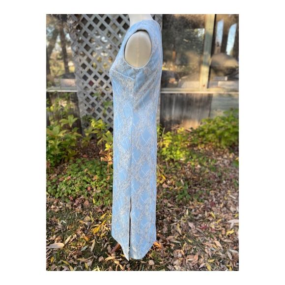 Vintage 50s Metallic Ice Blue Formal Gown Dress Maxi Silver Threads Cheongsam - Picture 8 of 14